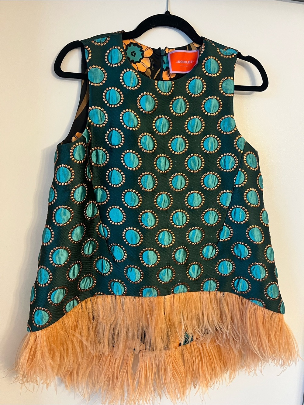 LA DoubleJ Green & Teal Circle Print top with Peach Feather Hem